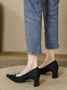 Women's Elegant Rhinestone Buckle Square Toe Chunky High Heel Pumps, Lightweight Slip On Dress Shoes For Party, Date, Event, Spring Autumn, Black, Beige, Green, Orange