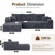 104" Cloud Sectional Couch With Comfy Chaise, Boneless L Shape Sofa With Deep Seat, Minimalist Modular Couches Sleeper For Living Room Bedroom Apartment Lounge,Black - 深灰色 - 查看 2
