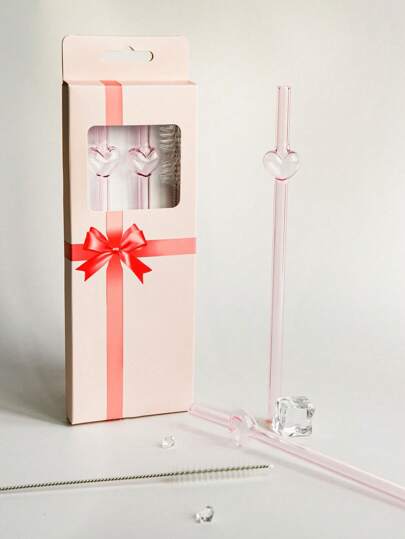 1 件/2 件/1 套/2 套粉色可爱卡通爱心形直可重复使用玻璃吸管，适用于奶茶、果汁、鸡尾酒、冷饮、派对用品、学校用品、女友礼物和父亲节。