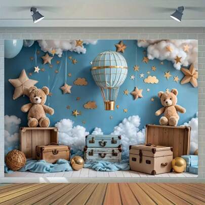 1pc Travel Theme Birthday Party Backdrop Banner, 5*3FT/5*7FT, Sky Blue With White Cloud Hot Air Balloon Box Design, Polyester Material, For Pool Party, Birthday Party Decor, Portrait Photography Background, No Feathers, Homemade Kitchen Party Supplies