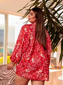 Plus Size 2-Piece Shorts And Kimono Set - Red and White - View 3