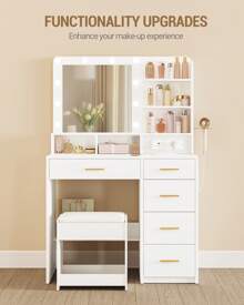 Hzuaneri Tocador, 3 Colores, Tocador con Espejo Grande, Taburete y Soporte para Secador de Pelo, Tocador con Múltiples Cajones, 6 Estantes Abiertos, Blanco