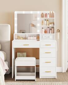 Hzuaneri Tocador, 3 Colores, Tocador con Espejo Grande, Taburete y Soporte para Secador de Pelo, Tocador con Múltiples Cajones, 6 Estantes Abiertos, Blanco