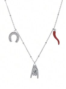 1Pc Versatile Fashion Classic Red Bull Horn Sacred Heart Rock Gesture Detachable Pendant Necklace, Stainless Steel Plated Genuine Gold Color Preserving Waterproof, Women Gifts, Women's Jewelry