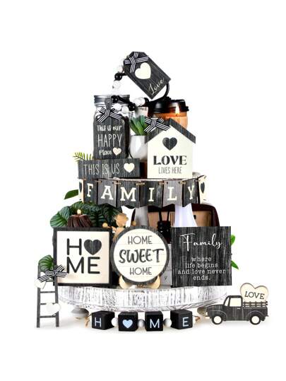 18 Stücke landhausstil mehrstufiges Tablett Dekor Set (Holzstärke: 0,2 Zoll), Bauernhaus Holzschilder, landhaus Familientisch Dekorationen (Tablett & Ständer nicht enthalten)