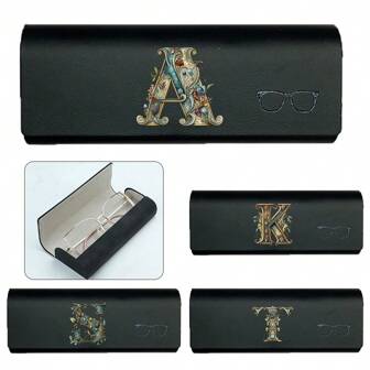 Hard Shell Glasses Case Pu Eyeglass Box Anti-Crush Glasses Organizer With Magnetic Switch Eyewear Container Protable Travel Sunglasses Casket Desktop Stationery Decoration Storage Back-To-School Gifts Initial Name 26 Letters Pattern