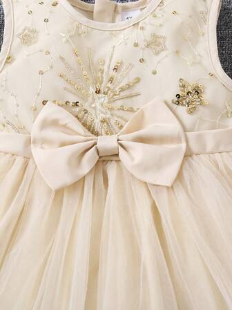 Girls Summer High-End Sequins Embroidery Cake Tutu Mesh Dress, Fashionable Round Neck Zipper Tank Dress, Princess Formal Mesh Dress