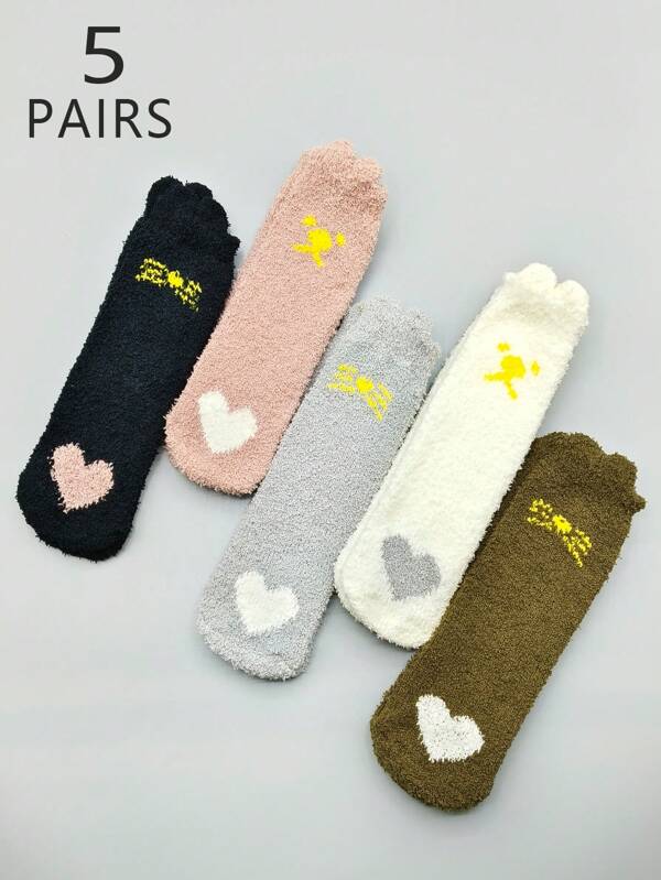 5 Pairs Cat Claw Coral Fleece Women Floor Socks With Half Plush, Warm & Cozy, Autumn/Winter