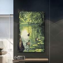 Vintage-Inspired River Scene Canvas Art Print With Golden , Serene Duck Pond Landscape Wall Decor, Perfect Gift For Home Decoration