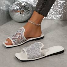 Women's Fashion Net Mesh Sequin Beach Sandals, Casual Slip-On Slippers, Sweet And Cute Design, Suitable For Home, Vacation, Beach - White - View 2