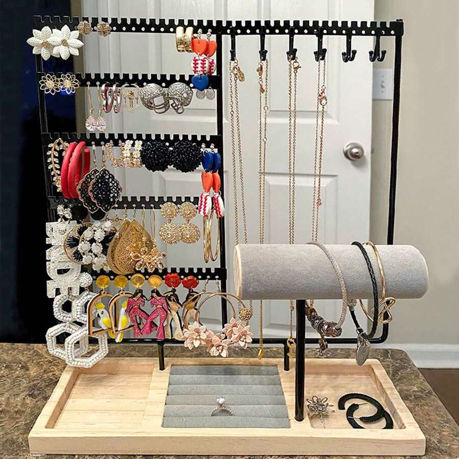 Earring Holder,5-Tier Ear Stud Holder With Wooden Tray, Jewelry Tower Rack With 108 Holes, 12 Hooks Necklaces Hanging, For Bracelets Earrings Rings Watches (Black) - màu đen - Xem 1