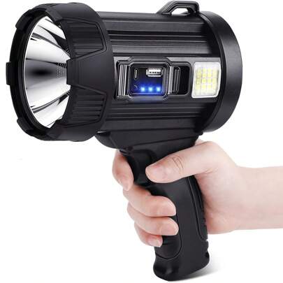 Rechargeable Spotlight LED Flashlight Ultra High Lumens, Super Bright Solar COB Spotlight With 6 Modes, 4 Colors Of Light, Flashlight, Large Outdoor Handheld Searchlight For Hunting, Camping, Boating, Hiking, Outdoor Garden Lighting For Pathway, Yard, Patio