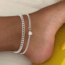 17KM 2pcs Heart Rhinestone Stainless Steel Chain Anklet Set, Simple Women Gift For Date, Vacation, Daily Wear