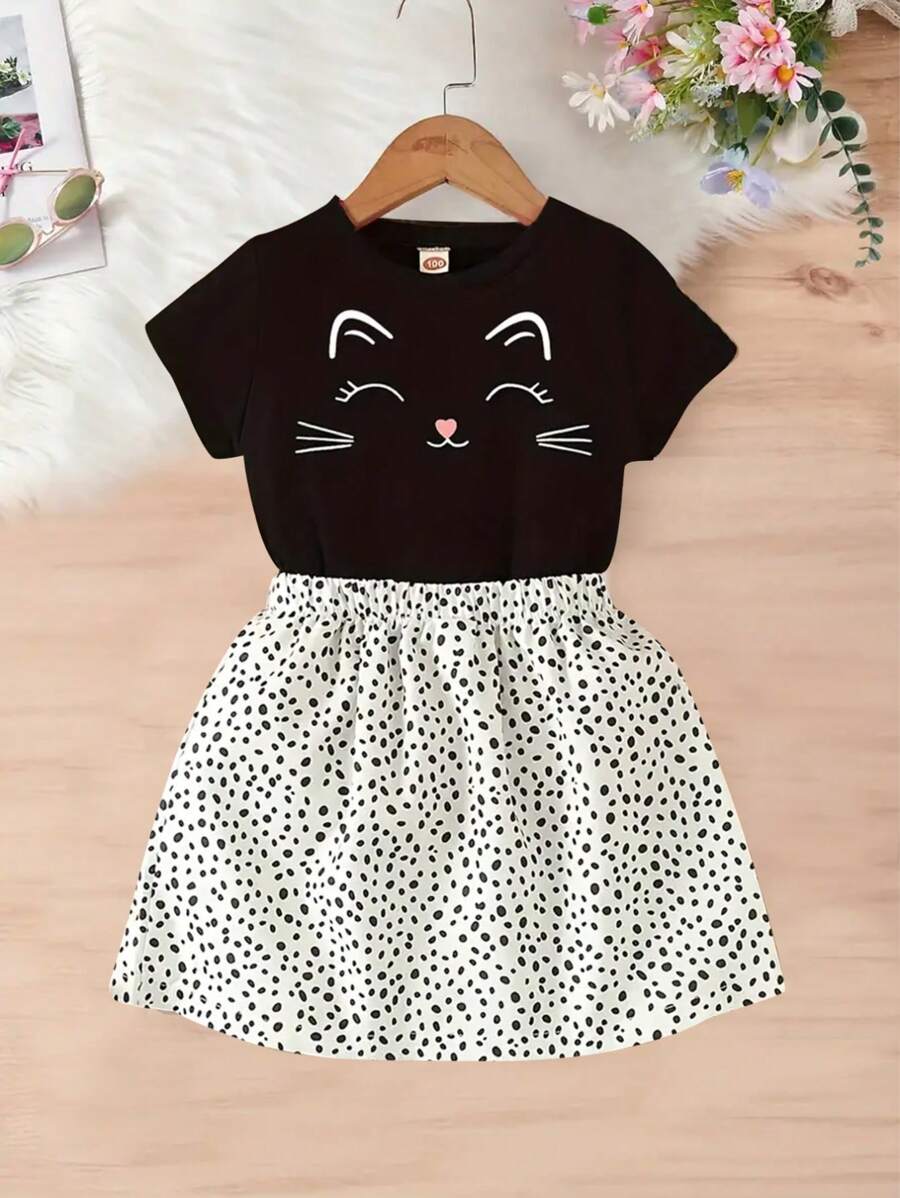 2 bucăți/Set Fete Smiling Cat Print Top cu mânecă scurtă și fustă cu buline, costum de exterior pentru fete pentru vară - Negru - Vizualizare 1