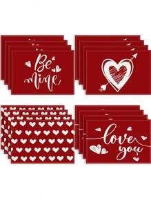 4 peças/conjunto de jogos americanos românticos para o Dia dos Namorados, jogos americanos de linho em forma de coração, bases para copos com letras impressas em cores sólidas, decoração de mesa para festa de fim de ano, resistente ao calor e lavável à máquina, adequado para aniversário de casamento e jantar