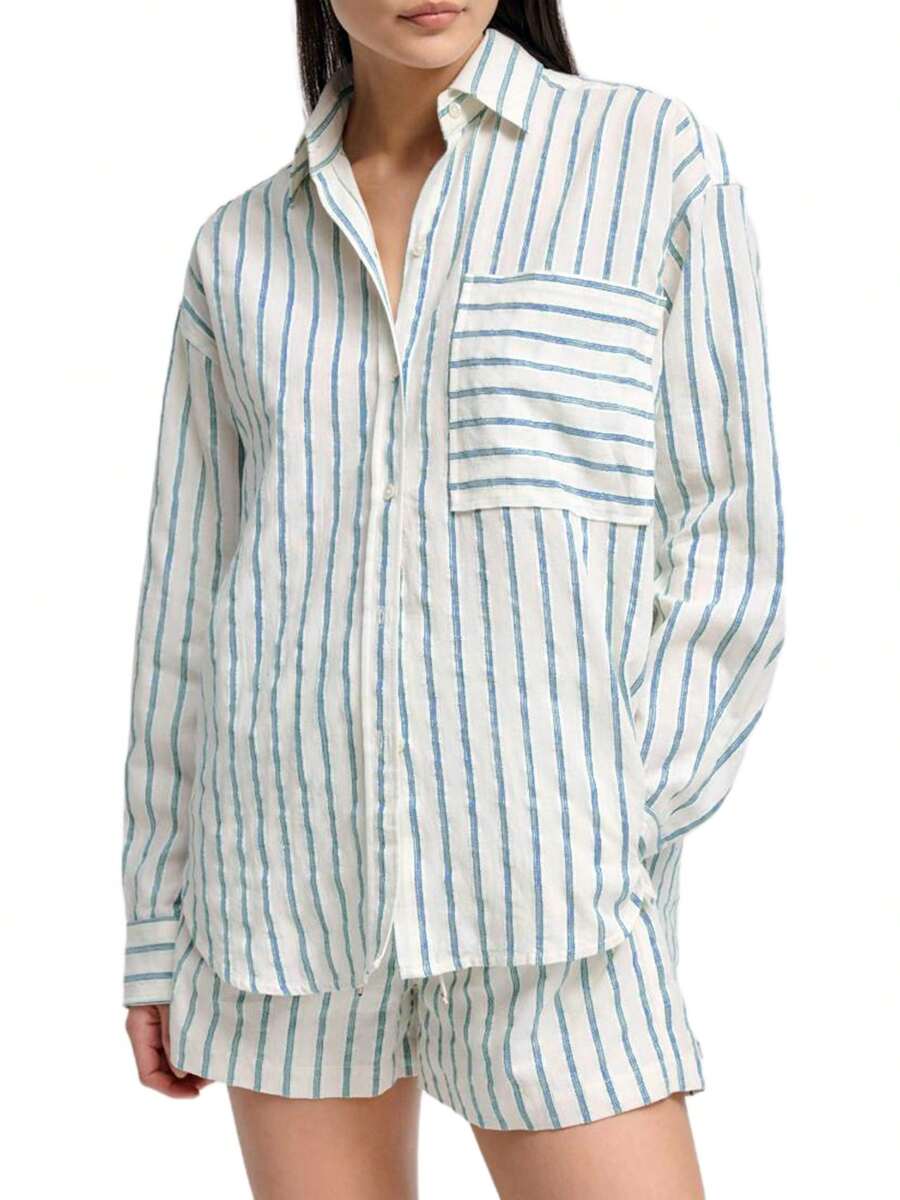 Women's Striped Outfit, Loose Lapel Neck Long Sleeve Button Down Shirt Shorts With Pockets 2 Piece Causal Set For Spring Summer - Blue - View 1