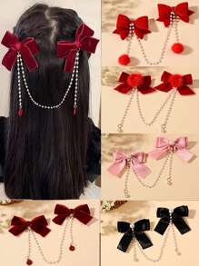 1pc Kids Burgundy Velvet Bow Hair Clip With Pearl Chain, Girls' Holiday And Festive Hair Accessory For New Year, Christmas