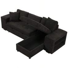 104.5" Modern L-Shape 3 Seat Reversible Sectional Couch Pull Out Sleeper Sofa With Storage Chaise And 2 Stools For Living Room Furniture Set Charcoal Grey