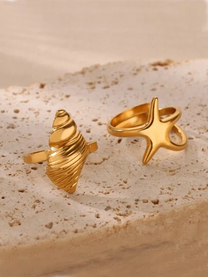 Bohemia Starfish Conch Ring For Women Gold Color Stainless Steel Ring Opening Adjustable Ring Fashion Jewelry Party Gift ﻿