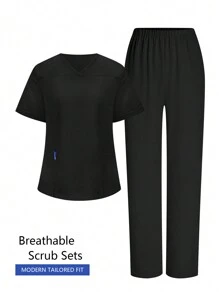 cimmuovere 2pcs Women Solid Color Pocket V-Neck Short Sleeve Top & Pants Scrub Uniform Suit