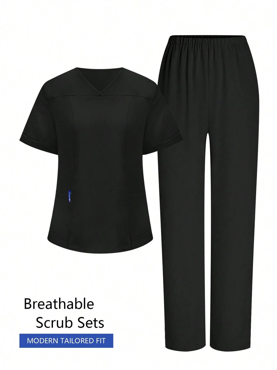 cimmuovere 2pcs Women Solid Color Pocket V-Neck Short Sleeve Top & Pants Scrub Uniform Suit