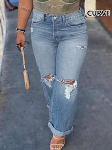 Cross-Border New Daily Basic European And American Style Street Sports And Leisure Women's Ripped Street Fashion Straight Plus Size Jeans - Light Wash - View 4