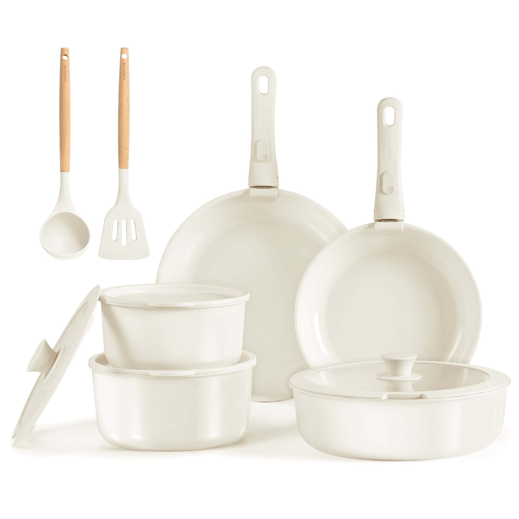 CAROTE 13pcs Ceramic Cookware Set Detachable Handle, Induction Pots And Pans Set, Taupe - White - View 1
