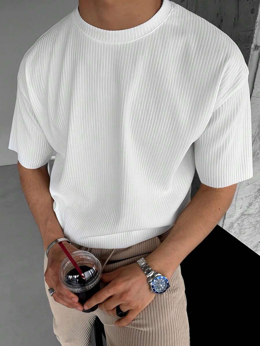Men's Summer Textured Solid Color Casual Round Neck Short Sleeve T-Shirt