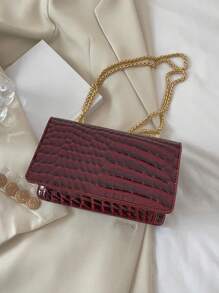 Women's Burgundy Faux Leather Crocodile Embossed Mini Chain Shoulder Bag, Fashionable Burgundy Bag , Red Bag , Burgundy Bag - Burgundy - View 2