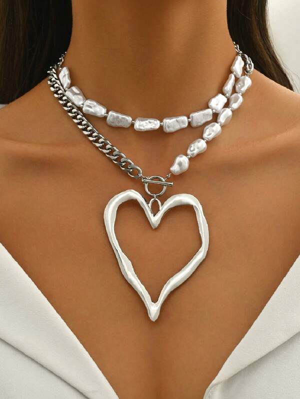2 pezzi Set di collane vintage con ciondolo a forma di cuore in metallo esagerato e perla finta asimmetrica, gioiello da decorazione per donna, per uso quotidiano, vacanze al mare e feste, idea regalo per la festa della mamma