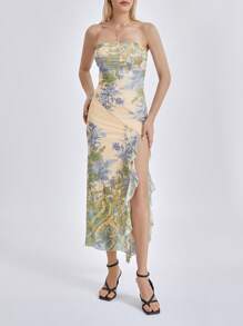 Women Wrap Chest Bodycon Dress Floral Print Strapless Ruffles Slit Backless Cocktail Dress Summer Party Club Long Dress - Green - View 3