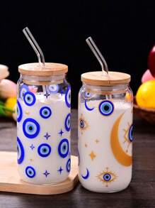 1pc Glass Cup With Straw, Style Cup, Creative High Temperature Sticker, Not Easy To Fall Off, Suitable For Tea, Juice, Milk, Birthday Gift