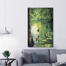 Vintage-Inspired River Scene Canvas Art Print With Golden , Serene Duck Pond Landscape Wall Decor, Perfect Gift For Home Decoration