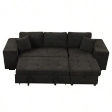 104.5" Modern L-Shape 3 Seat Reversible Sectional Couch Pull Out Sleeper Sofa With Storage Chaise And 2 Stools For Living Room Furniture Set Charcoal Grey