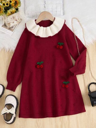 1pc Young Girl Spring Stylish Cherry Printed Peter Pan Collar Princess Dress, Maroon