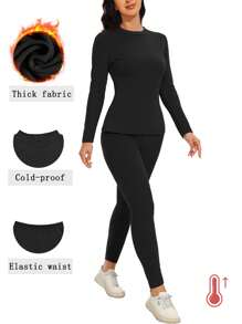 2pcs/Set Women Round Neck Long Sleeve Solid Color Form-Fitting Top And Pants - Black - View 1