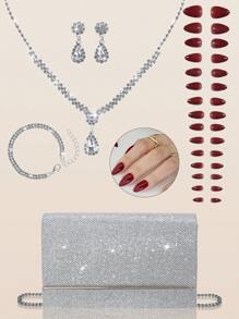 Bolso de embrague de fiesta cuadrado elegante y lujoso para mujer, bolso de fiesta de lujo y de moda con cadena de metal, kit de 24 uñas postizas elegantes y de unicolor extraíbles con brillantes, pendientes con pedrería, collar colgante y pulsera, adecuado para mujeres y niñas para banquetes, bailes, fiestas y bodas.