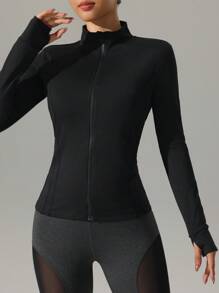 Women's Fitted Zip Up Sports Jacket, Stand Collar Long Sleeve Yoga Coat, Casual Gym Crop Top With Thumb Hole