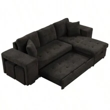 104.5" Modern L-Shape 3 Seat Reversible Sectional Couch Pull Out Sleeper Sofa With Storage Chaise And 2 Stools For Living Room Furniture Set Charcoal Grey