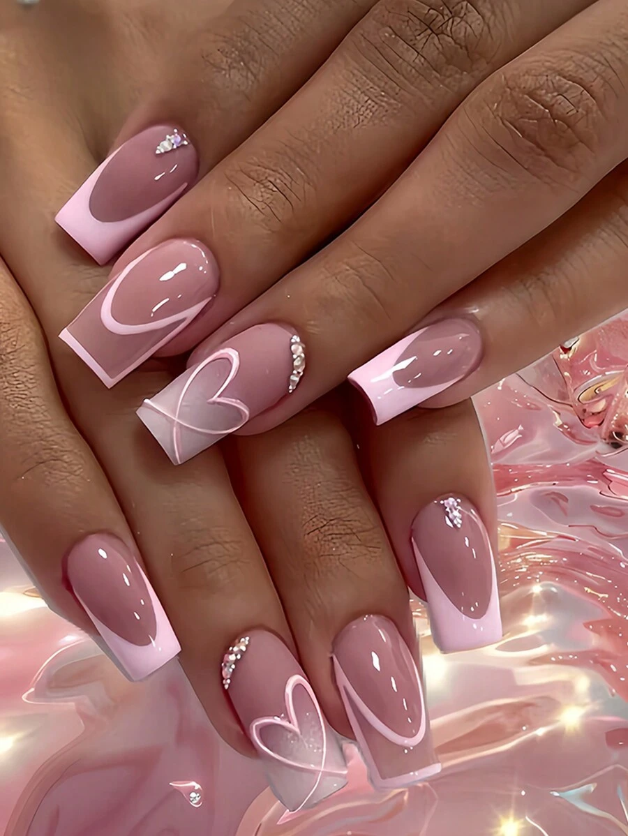 Paznokcie walentynkowe natychmiast odświeżą Twój wygląd dzięki 24 szt. średnich kwadratowych nakładek na paznokcie, modne romantyczne walentynki, różowe, miłosne, białe, gradientowe łatki do zdobienia paznokci, kreatywne, asymetryczne, francuskie, wybuchowe, brokatowe cyrkonie, pełne pokrycie, nadające się do noszenia paznokcie, pełne pokrycie, sztuczne paznokcie dla kobiet i dziewcząt, w zestawie 1 arkusz samoprzylepnych zakładek i 1 szt. mini pilnika, żel żelowy, losowa wysyłka