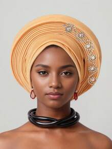 1pc African Style Head Wrap With Layered Bejeweled Edge Head WrapAccents, Laminated Strap Cap, Traditional African Turban Hat For Women Personalized Elastic Headwear