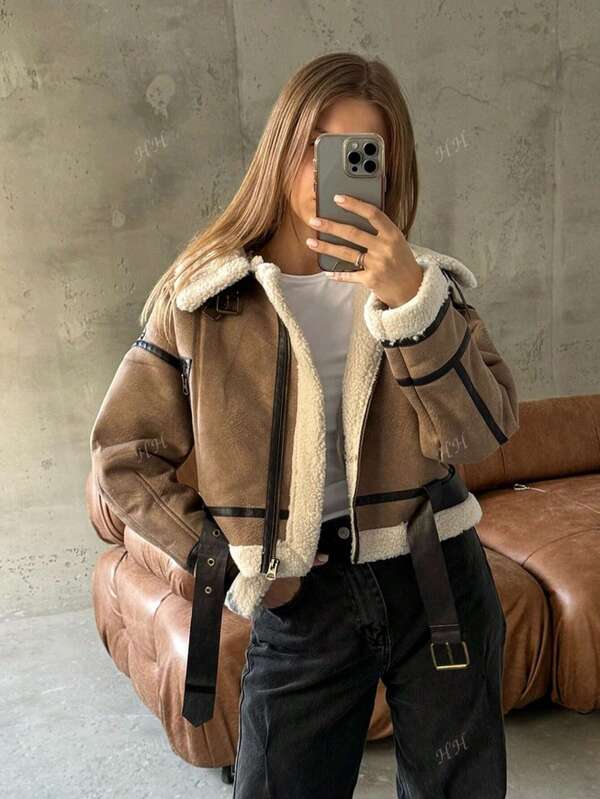 HH Fashion elegant femei îngroșare cald fermoar haină femeie faux din piele de miel patchwork fără mâneci casual jachetă