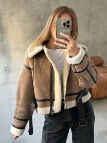HH Fashion Elegant Women Thickening Warm Zip Coat Female Faux Leather Lambswool Patchwork Sleeveless Casual Jacket