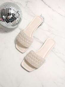 Sandalias planas de mujer de talla grande, estilo vacacional, casual de verano, versátil, con decoración de strass - Blanco - Ver 6