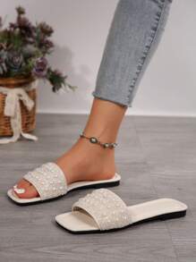 Sandalias planas de mujer de talla grande, estilo vacacional, casual de verano, versátil, con decoración de strass - Blanco - Ver 3