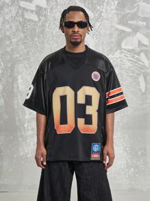 Koszulka baseballowa MT99 Fashionable Mesh Panel Splice, czarna luźna koszulka z nadrukiem liter i cyfr