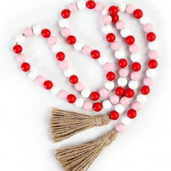 2pcs Valentine's Day Wooden Bead Strings - Colorful & Round Handmade Beads On Rope, Bohemian Farmhouse Decor, Perfect For Creating A Sweet Ambience