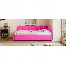 Sofá cama tapizado de tamaño completo con 2 cajones, cabecero de tela suave, sin necesidad de somier, color rojo rosa
