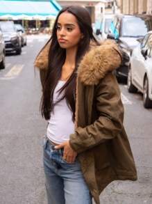 Parka coupe classique pour femme – Couleur unie, capuche en fausse fourrure, taille élastique réglable, chaude et élégante par temps froid, parfaite pour les vêtements de travail, de bureau, d'école, d'extérieur pour l'université.