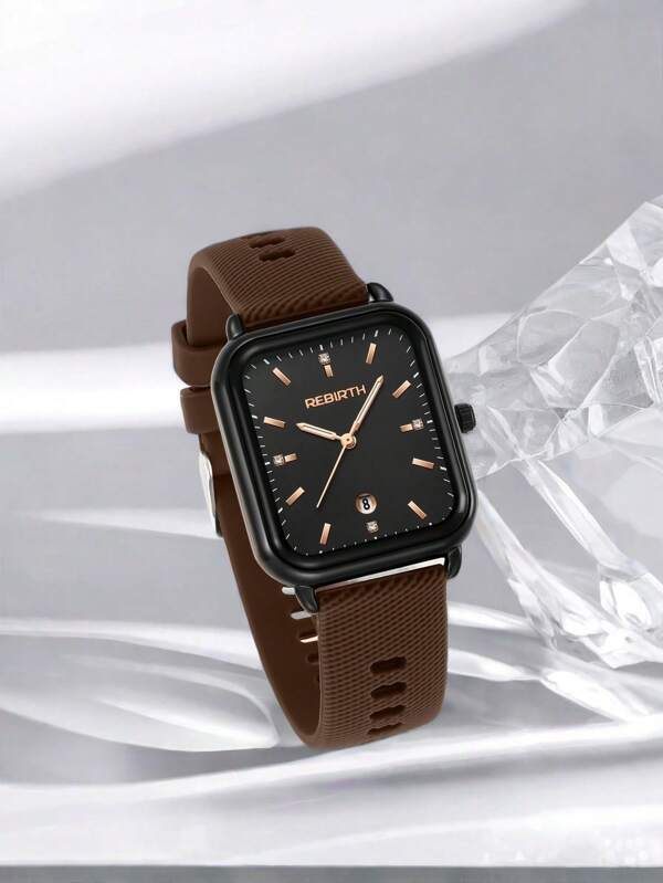 1pc Rebirth Brand Women Silicone Strap Quartz Watch With Simple Fashion Calendar, Suitable For Daily Decoration